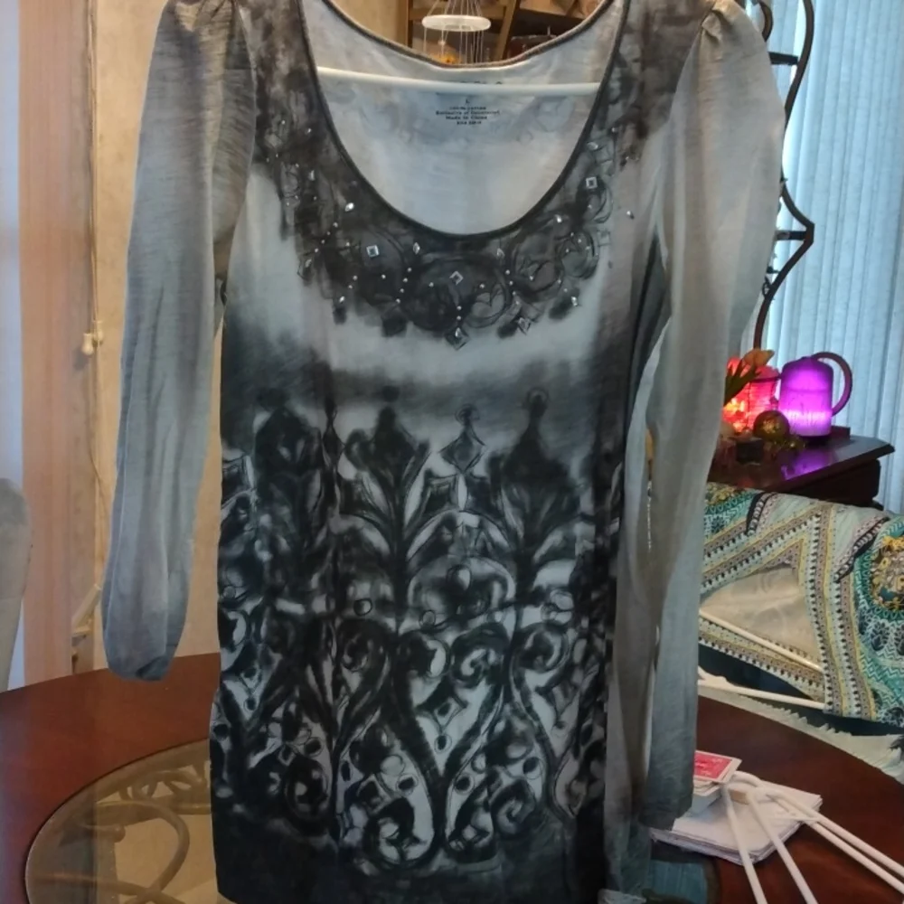 Gray and Black Long Sleeve Top.  100% Cotton. Large. Never Worn